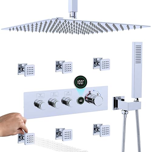 Vista 32 de Enga Sistema de ducha de doble cabezal, sistema de ducha de lluvia doble de 12 pulgadas + 6 pulgadas