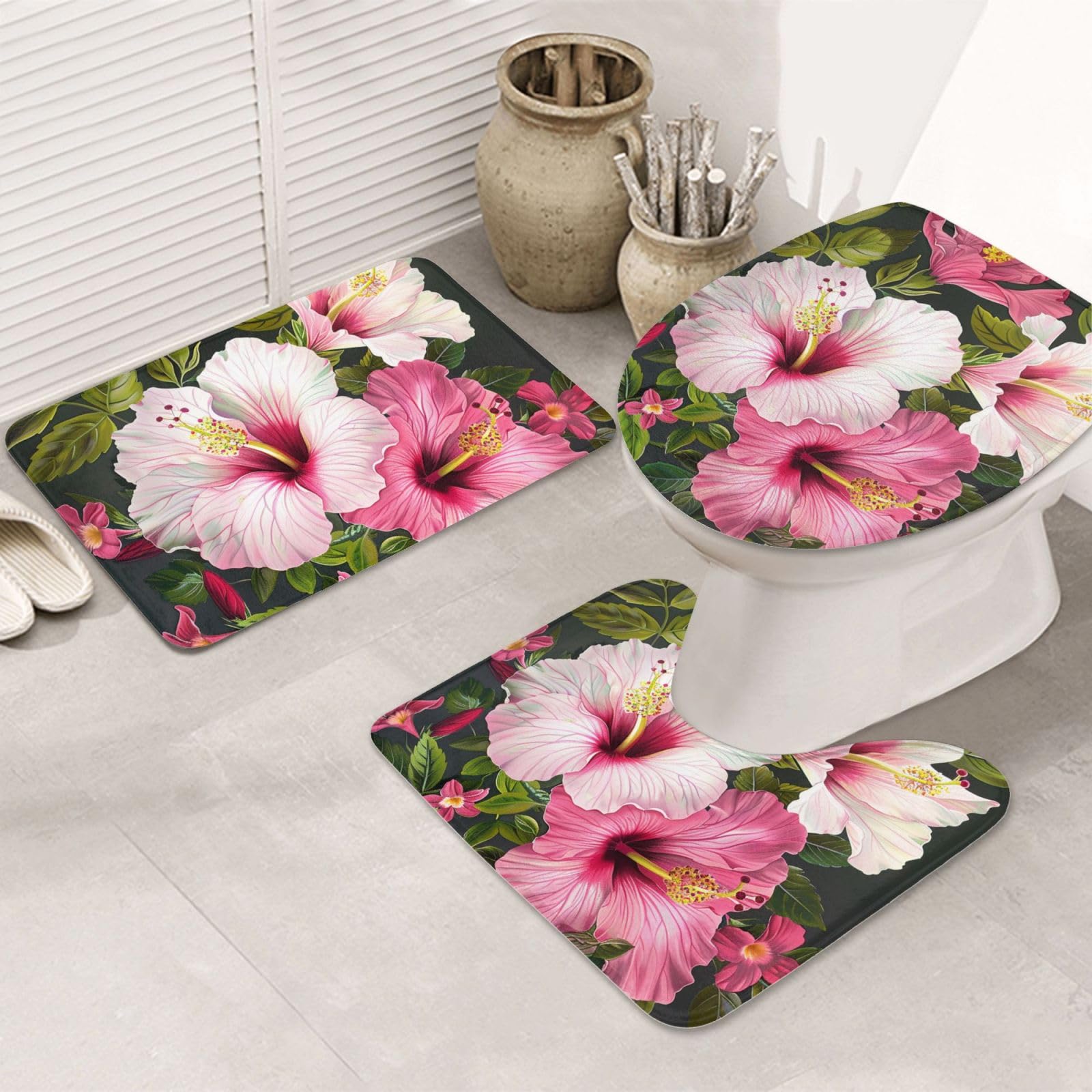 Lot de 3 tapis de salle de bain en flanelle avec tapis de bain + tapis contour + housse pour abattant de WC, motif fleurs d'hibiscus