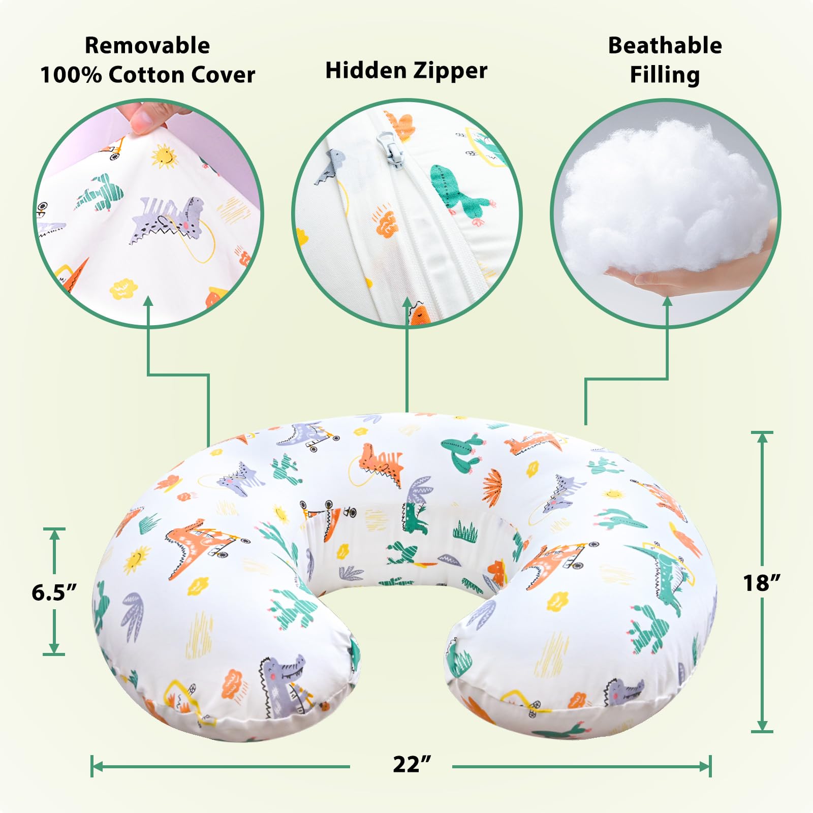 Almohada de lactancia original, almohadas de lactancia para lactancia, almohada de lactancia para mujeres, con funda extraíble 100% algodón y relleno transpirable, lavable a máquina (dinosaurio