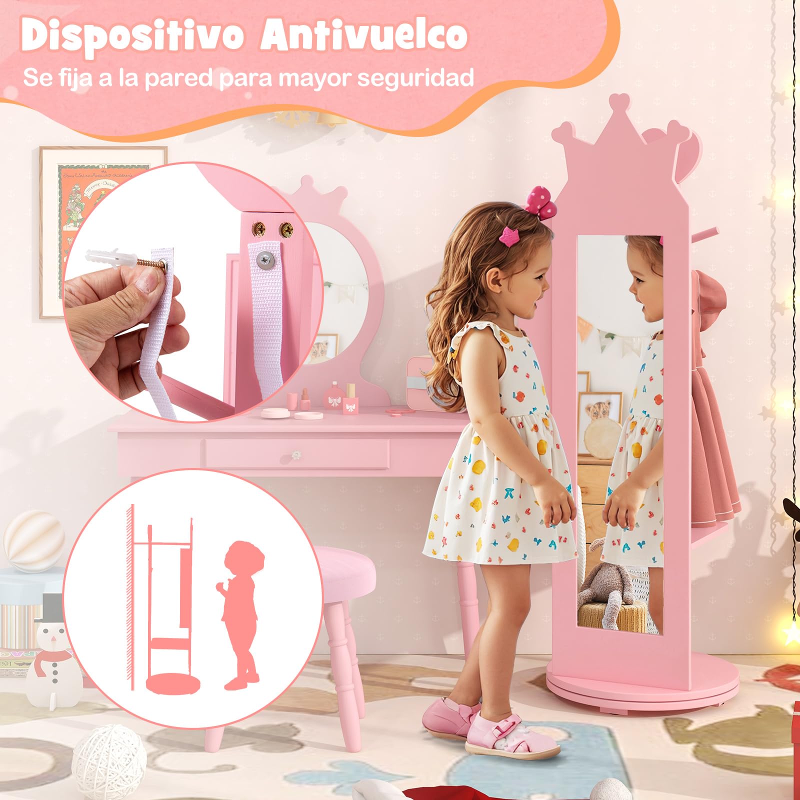 COSTWAY Armario de Joyería para Niñas, Espejo Joyero de Cuerpo Entero de Pie con Base Giratoria y Gran Capacidad de Almacenamiento, Armario para Joyas con Espejo y Perchero (Rosa)