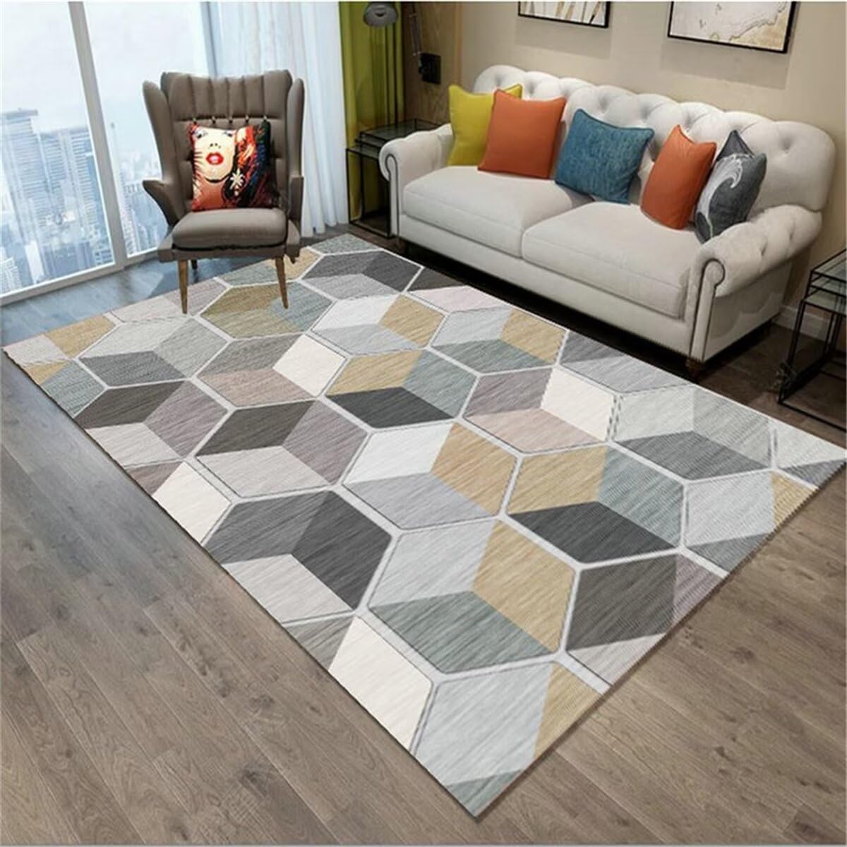 Tapis anti dérapant gris 200x260cm à motifs géométriques 3D pour sécuriser le salon