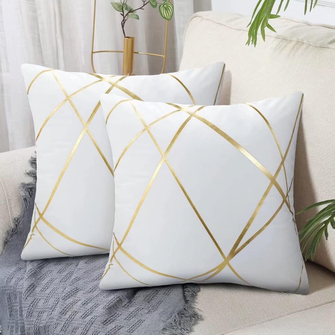 Velvet Cushion Covers, 24 x 24 inch, Set of 2, Golden Geometry Decorative Cushion Cover, Sofa Cushion, Couch Cushion, Decorative Cushion Covers, Modern Decorative Cushion Cover for Bedroom, White-image-18