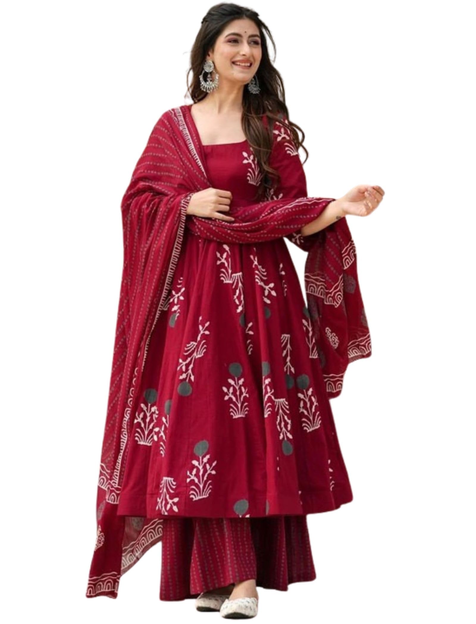 Women Viscose Anarkali Ethnic Kurta Pant Set with Chanderi Dupatta | Square Neck Printed Salwar Suit for Women | Folk Motif Gathered Kurta Set-image-22