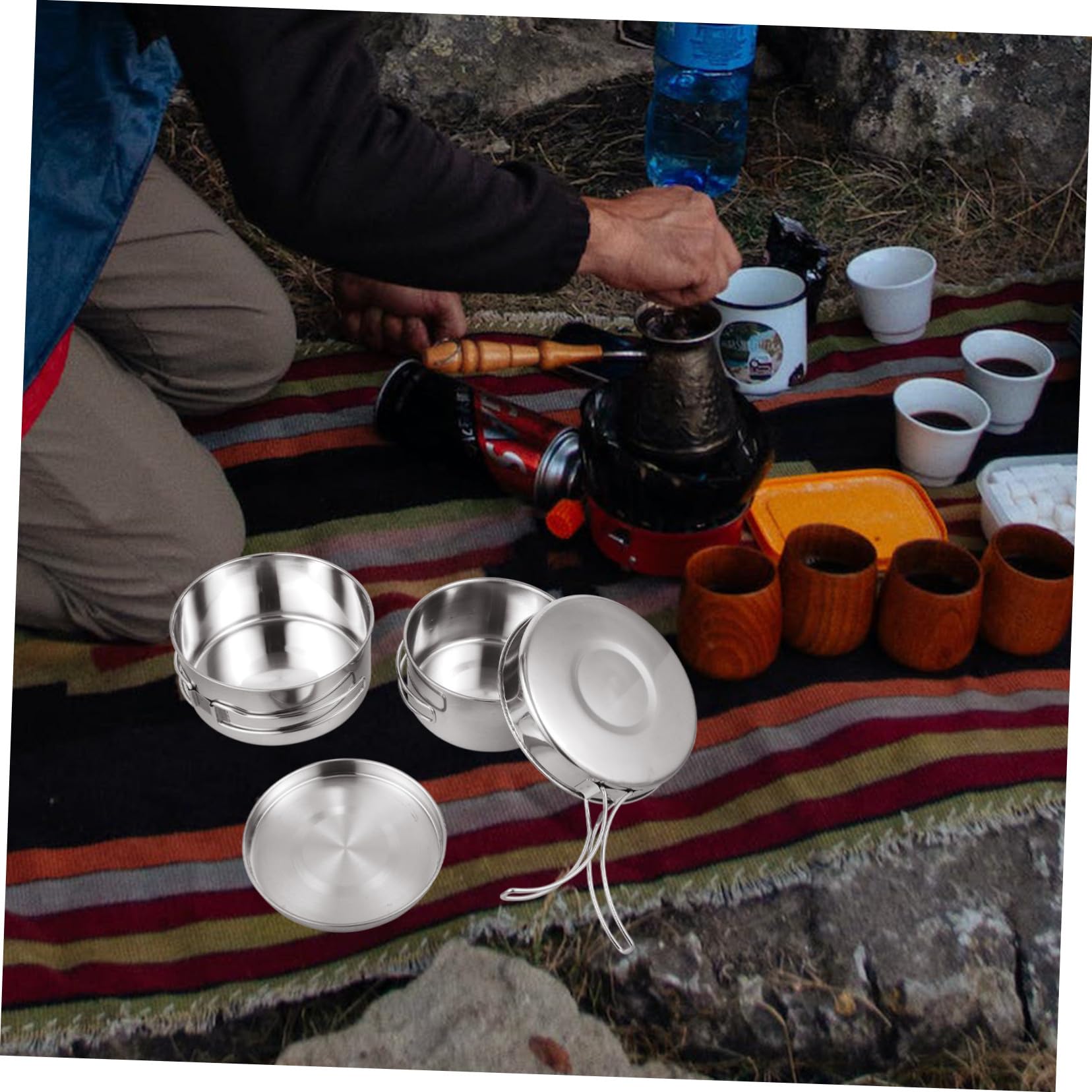 iplusmile Ensemble de Casseroles et Poêles de Camping 4 Pièces en Acier Inoxydable 304 Poignée Pliable, Kit la Cuisine D'extérieur Léger et Portable pour Randonnée, Camping et Trekking