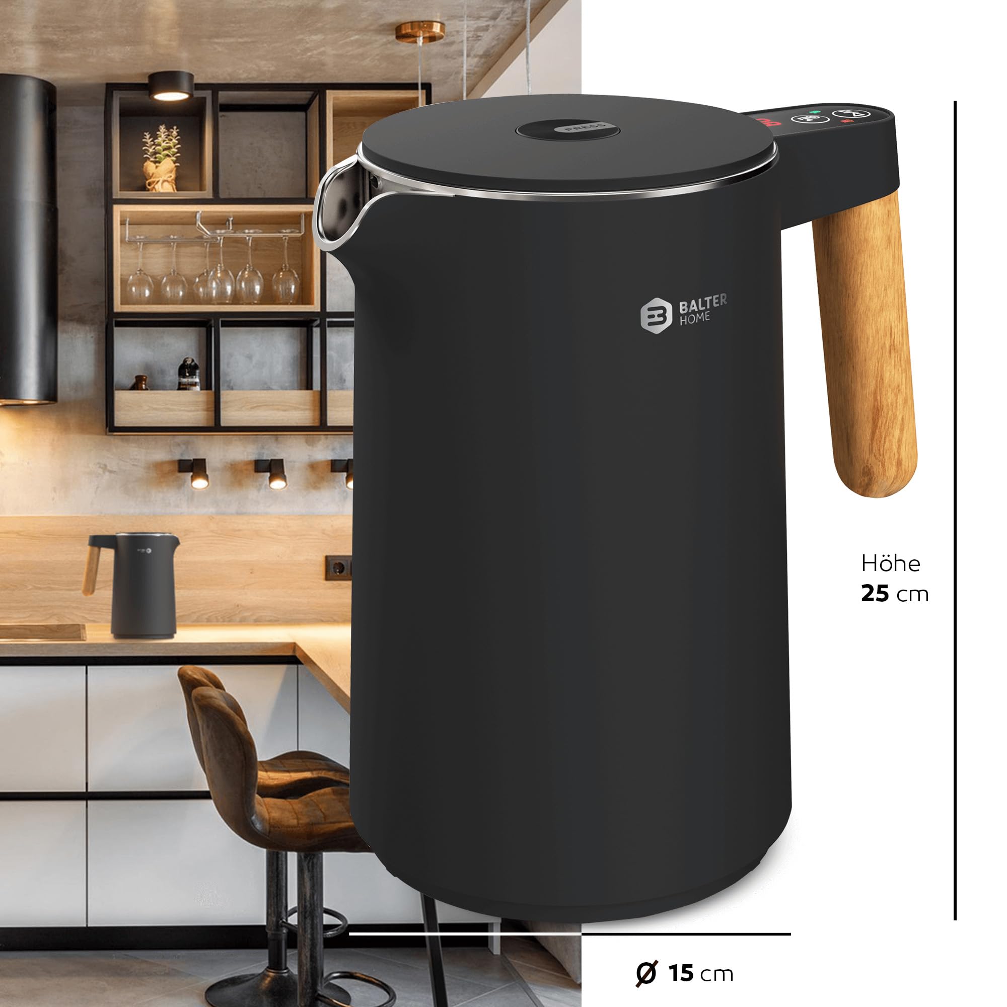 BALTER Edelstahl Wasserkocher mit Temperatureinstellung, 45°C-100°C, Doppelwand, BPA frei, leise & kabellos, Warmhaltefunktion, Teekocher mit Temperaturanzeige, 1.5L, 2200W, Schwarz