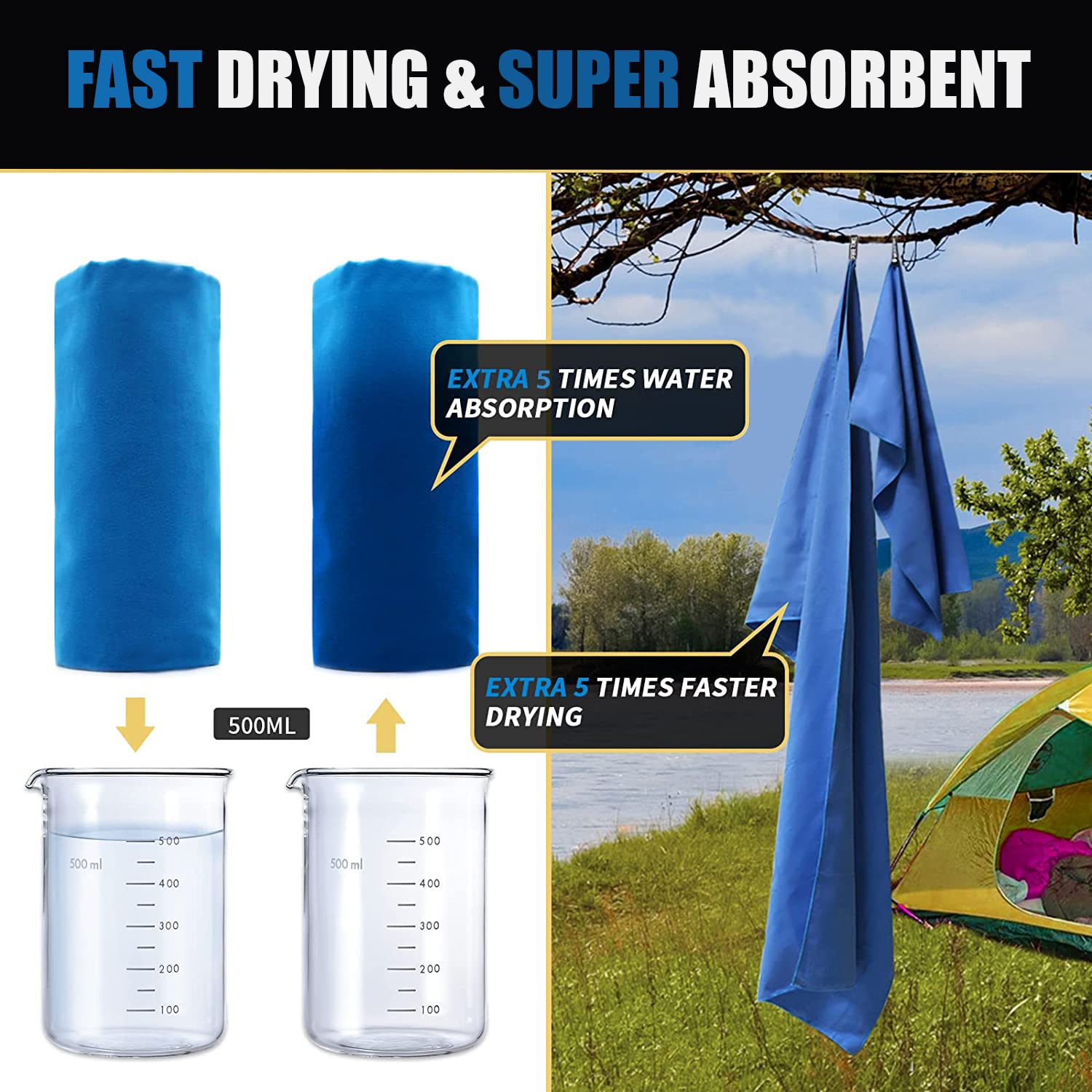 Microfiber Travel & Sports Towel Set, Quick Dry, Super Absorbent, Compact, Lightweight, for Camping Backpacking, Hiking - Image 4