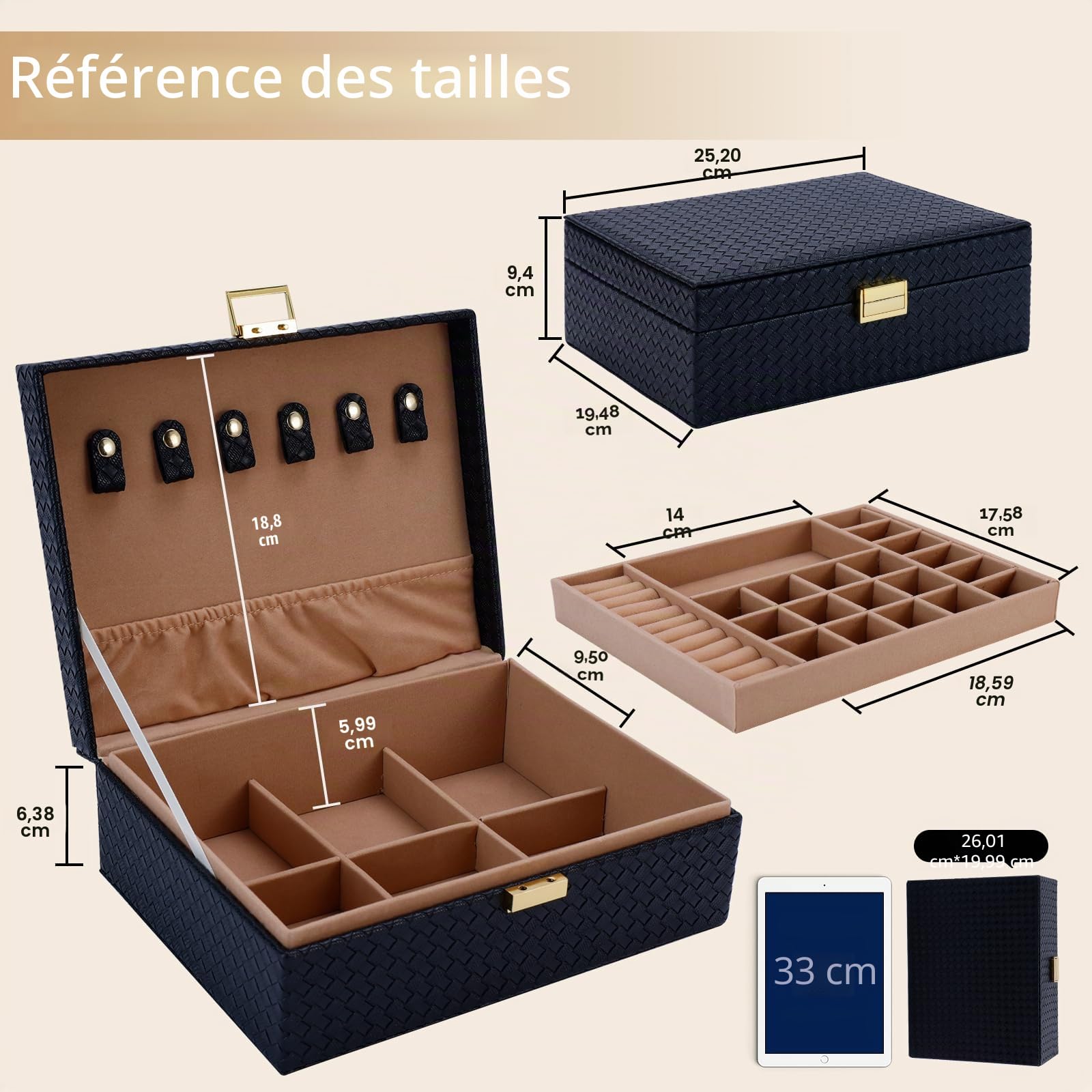 Gifturbo Boîte à bijoux, boîte à bijoux avec 2 niveaux, boîte à bijoux en PU cuir grande boîte à bijoux pour bagues, boucles d'oreilles, bracelets, colliers, noir
