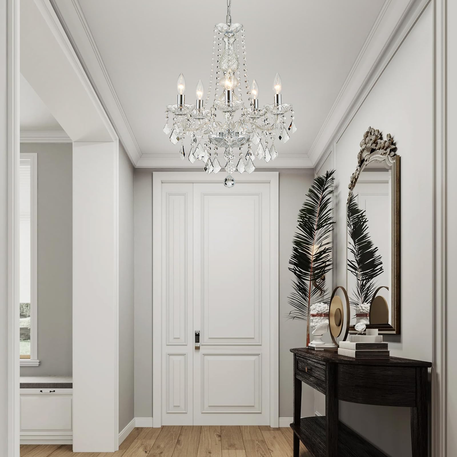 WUZUPS Crystal 5-Light Candle Chandelier Colgante Flushmount Luz de techo Instalación de iluminación moderna para dormitorio Pasillo Bar Cocina Baño, H 63.5cm x W 50.8cm, Chrome, Base E14