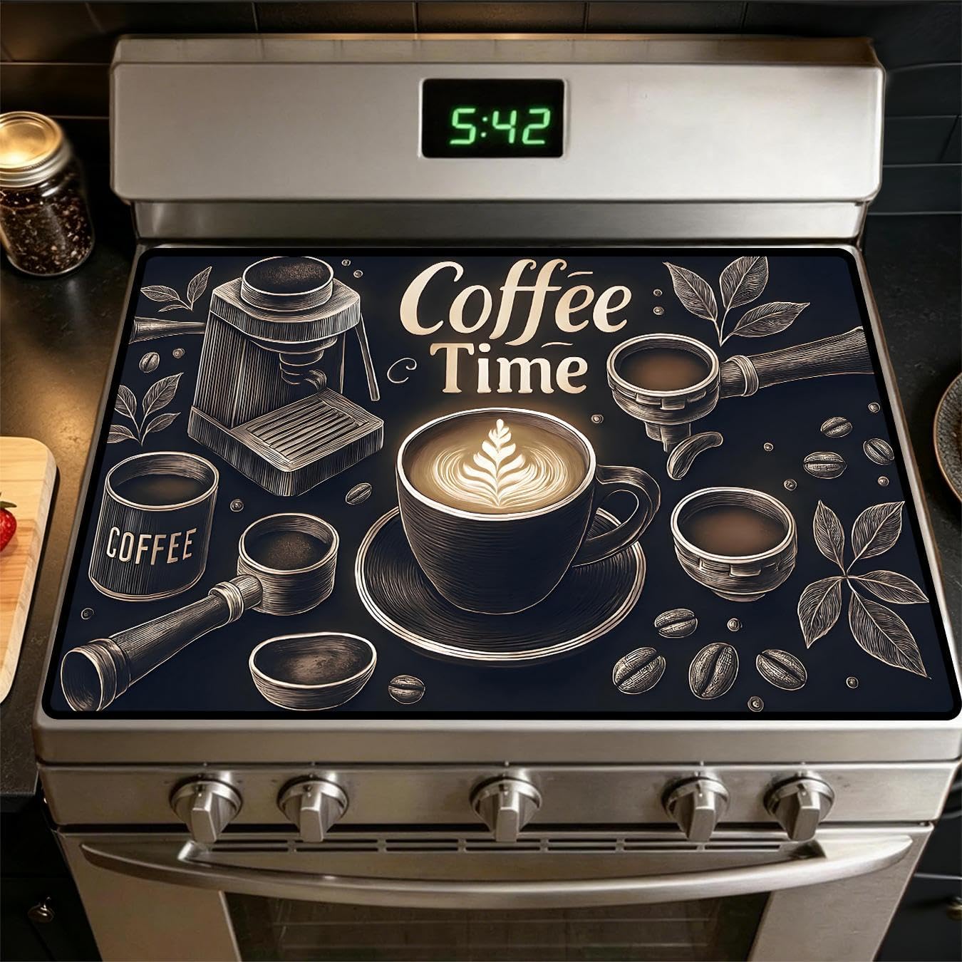 Stove Top Cover for Electric Stove: Coffee Time Themed Stove Mat, 28" x 20" Inch - Counter Protection for Kitchen