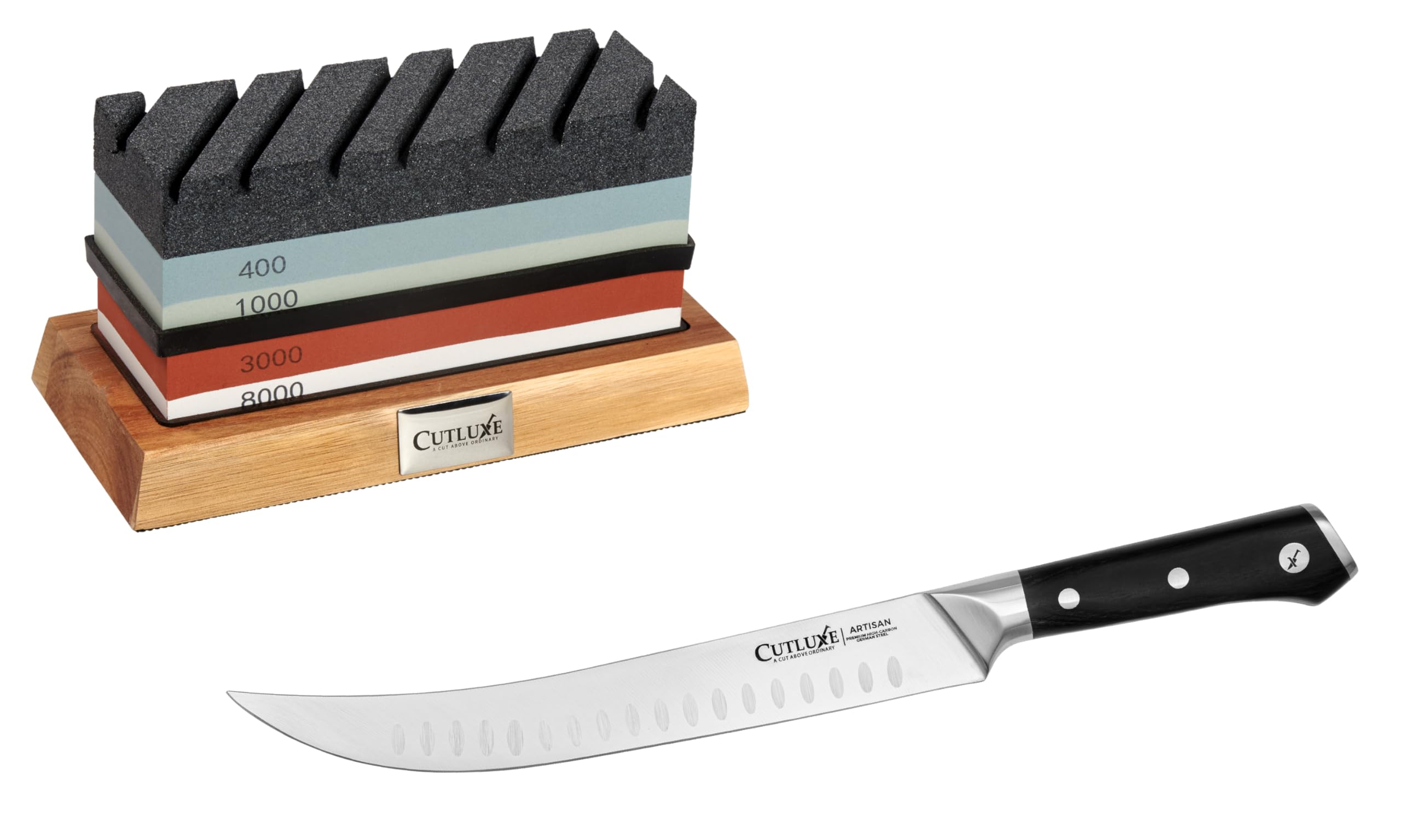 Cutluxe Butcher Knife with Razor-Sharp German Steel – Artisan Series – Complete Sharpening Stone Kit – Includes Whetstone, Non-Slip Acacia Wood Base, Angle Guide, Flattening Stone, and Leather Strop