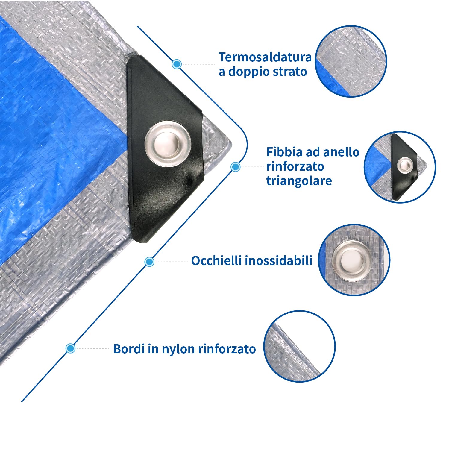 Telone Occhiellato Leggero Argento/Blu Antistrappo Impermeabile Antivento e Resistente ai Raggi UV per Auto,Camion,RV,Casa,Tenda,Barca,Piscina Telo 65g/m² （3x5）