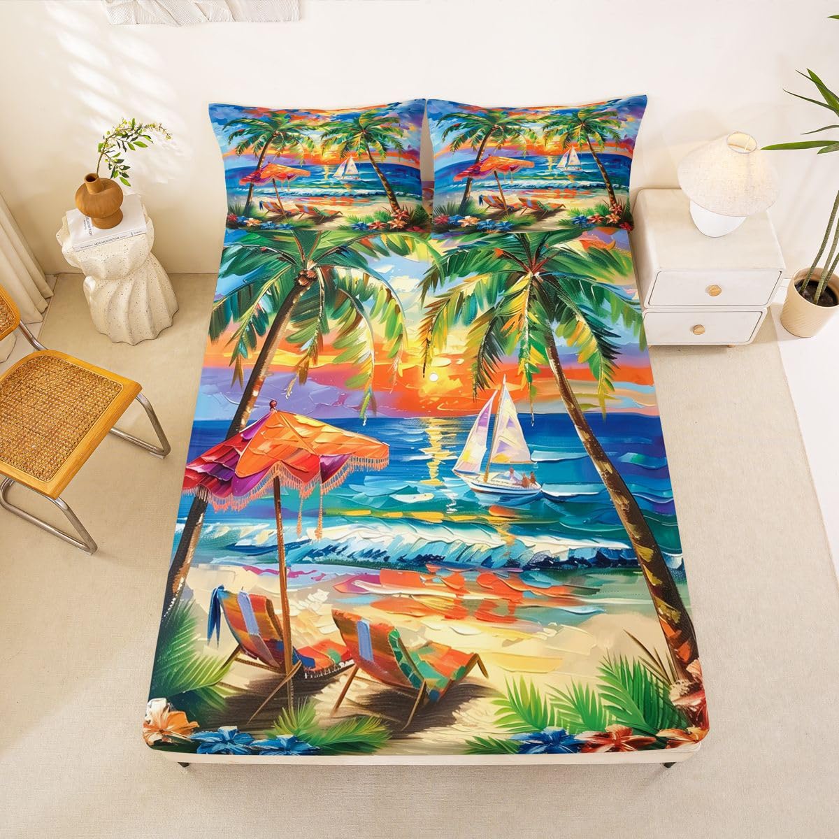 Juego de sábanas bajeras de playa tropical, tamaño King, con palmeras y sillas de playa, decoración de habitación para niños, adolescentes y adultos, juego de ropa de cama con diseño de velero