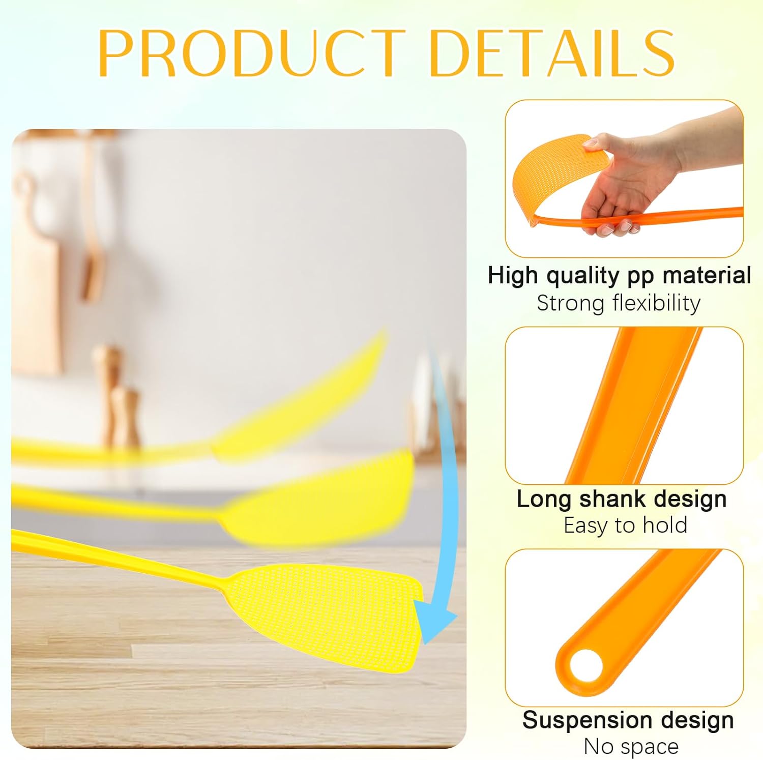 Boao 36 Pcs Plastic Long Handle Fly Swatter Strong Flexible Manual Fly Killer Heavy Duty Colorful Pastel Bug Swat for Indoor and Outdoor, Assorted Colors (Square Shape)