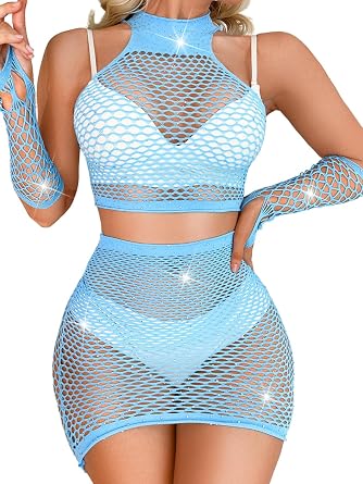 Kaei&Shi Rave Outfits for Women Festival,Glitter Rhinestone Fishnet Skirt Set,Sexy Mesh Swimsuit Cover Up Pool Party Outfit
