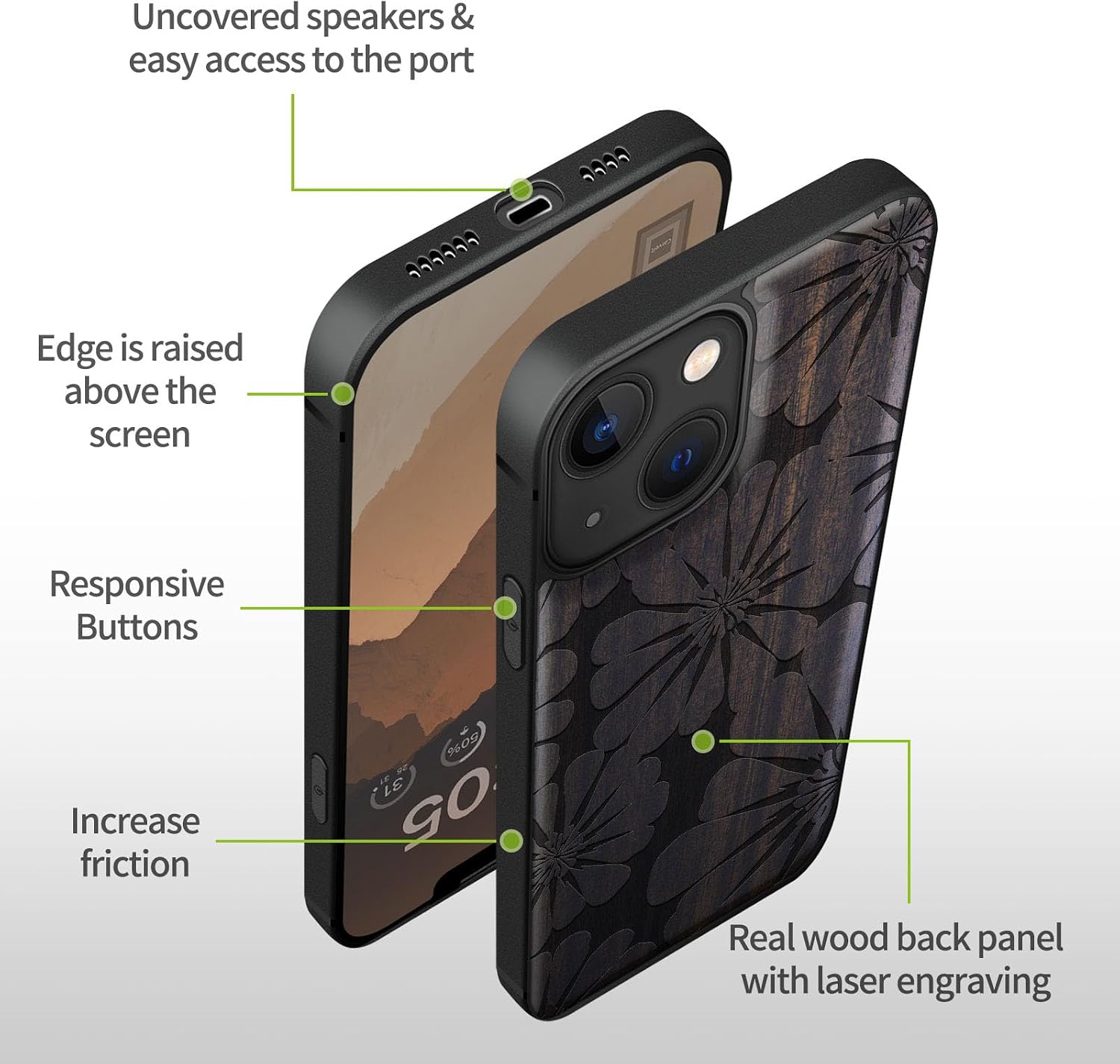 Carveit Magnetic Wood Case for iPhone 13 Mini Case [Hard Real Wood & Soft TPU] Unique & Classy Wooden Shockproof Hybrid Protective Cover Compatible with MagSafe (Floral Radiance -Blackwood)