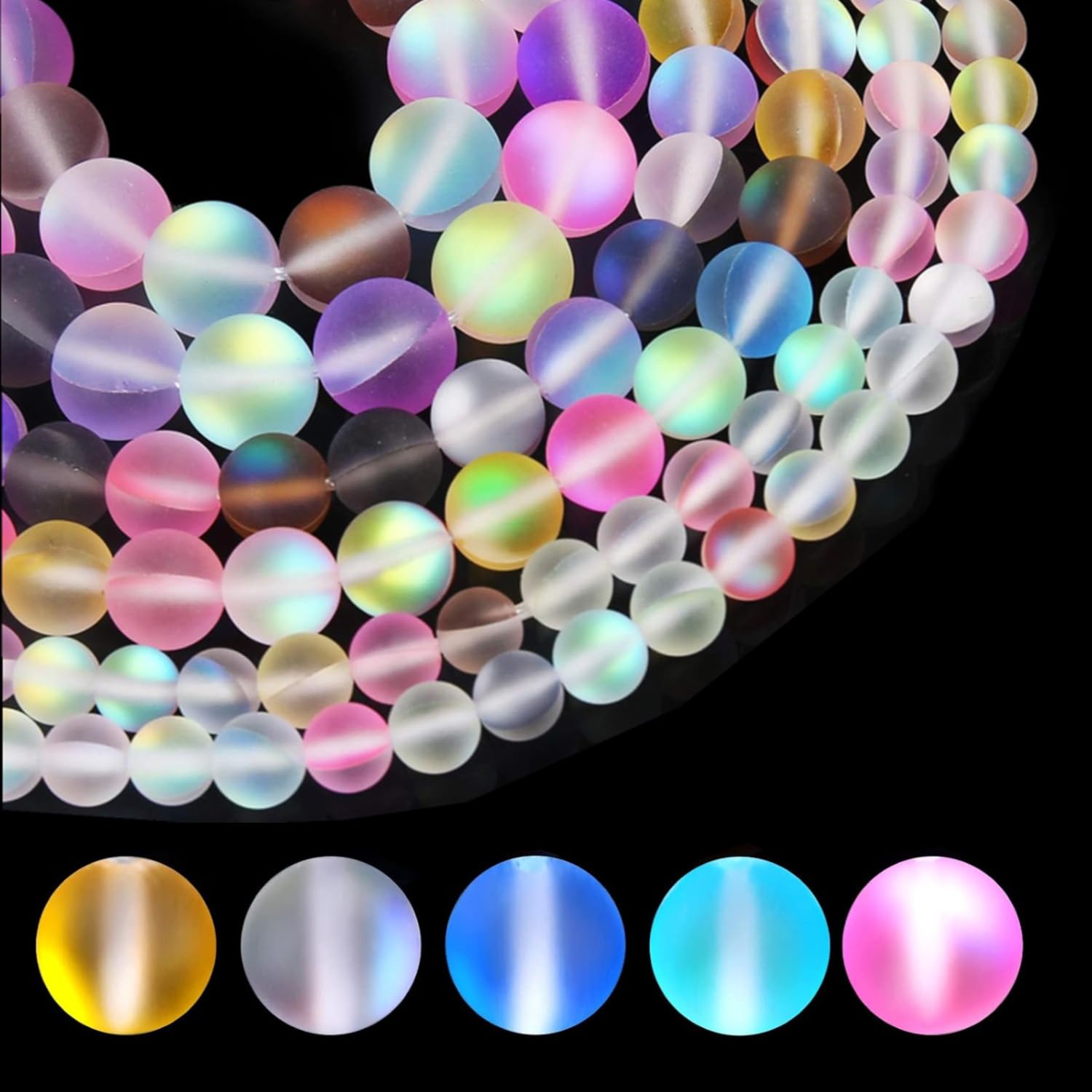 BOBOZHONG 108Pcs Matte Aurora Crystal Glass Beads, 8MM/6MM Mixed Color Round Glitter Moonstone Beads, Refractive Shiny Loose Spacer Bead for Bracelet Jewelry Making, DIY Crafts Supplies