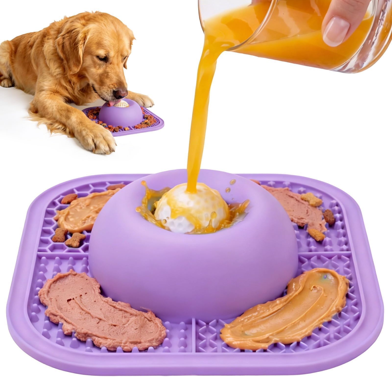 Slow Feeder Dog Bowls &amp; Lick Mat for Liquid and Thick Treat, Anti-Slip Dog Lick Bowl with Interactive Rolling Ball, 5/6 Cup Pup Licking Toy for Large Medium Small Dogs and Cats Purple