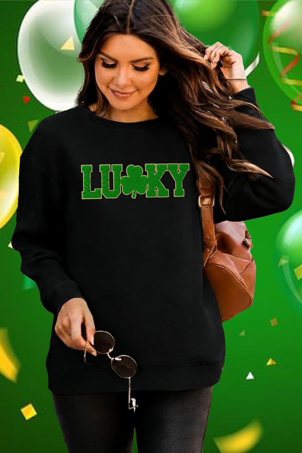 St Patricks Day Sweatshirts for Women Irish Lucky Clover T-Shirts Embroidered St Pattys Sweater Long Sleeve - Image 2