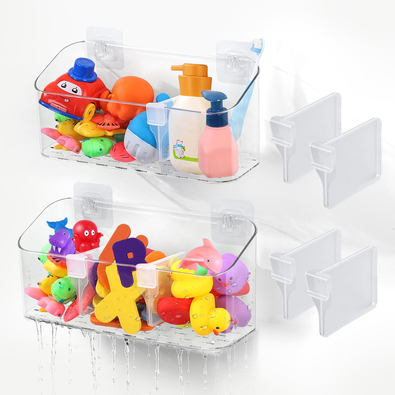 Kids Bath Toy Storage with Moveable Sorting Compartments Durable Clear Plastic Organizer with Drainage Toy Holder for Tub