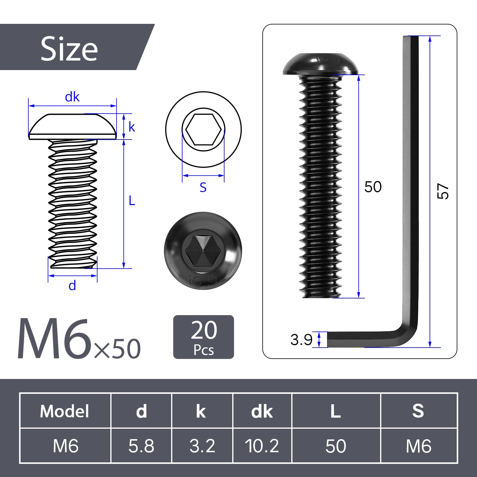 Wavanta M6 Bolts, M6 x 50mm Button Head Screws, Allen Socket Bolts Screws, Carbon Steel 10.9 Grade, Black Oxide Finish, Pack of 20 - Image 2