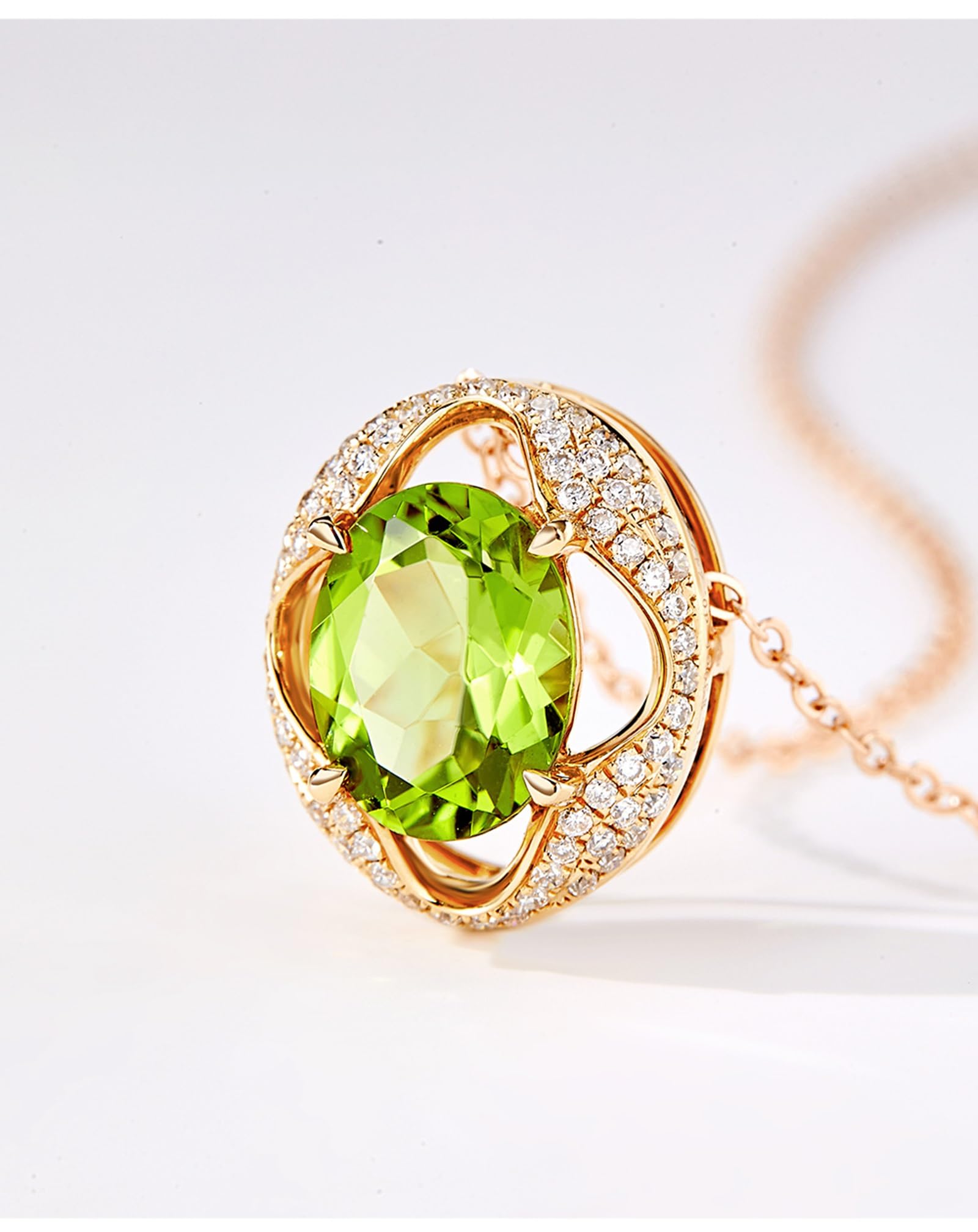 Collares para mujer a la moda, colgante de flor hueca de oro amarillo con peridoto ovalado de 1,7 quilates y diamante
