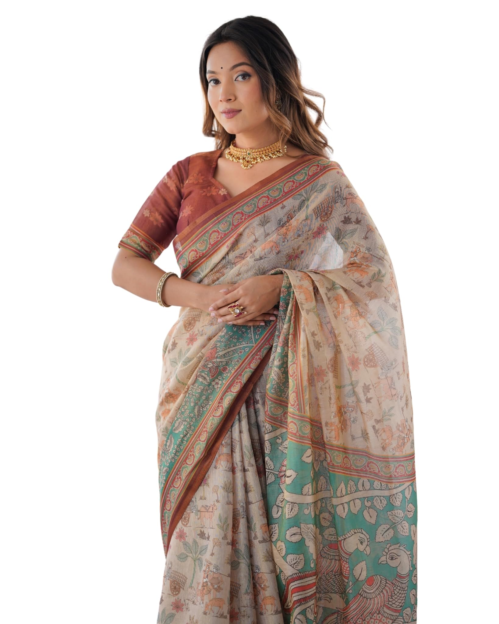 Women's Handloom Cotton Saree with Floral & Paisley Print | Tassel Pallu | Traditional Ethnic Saree | Unstitched Blouse Piece-picture-22