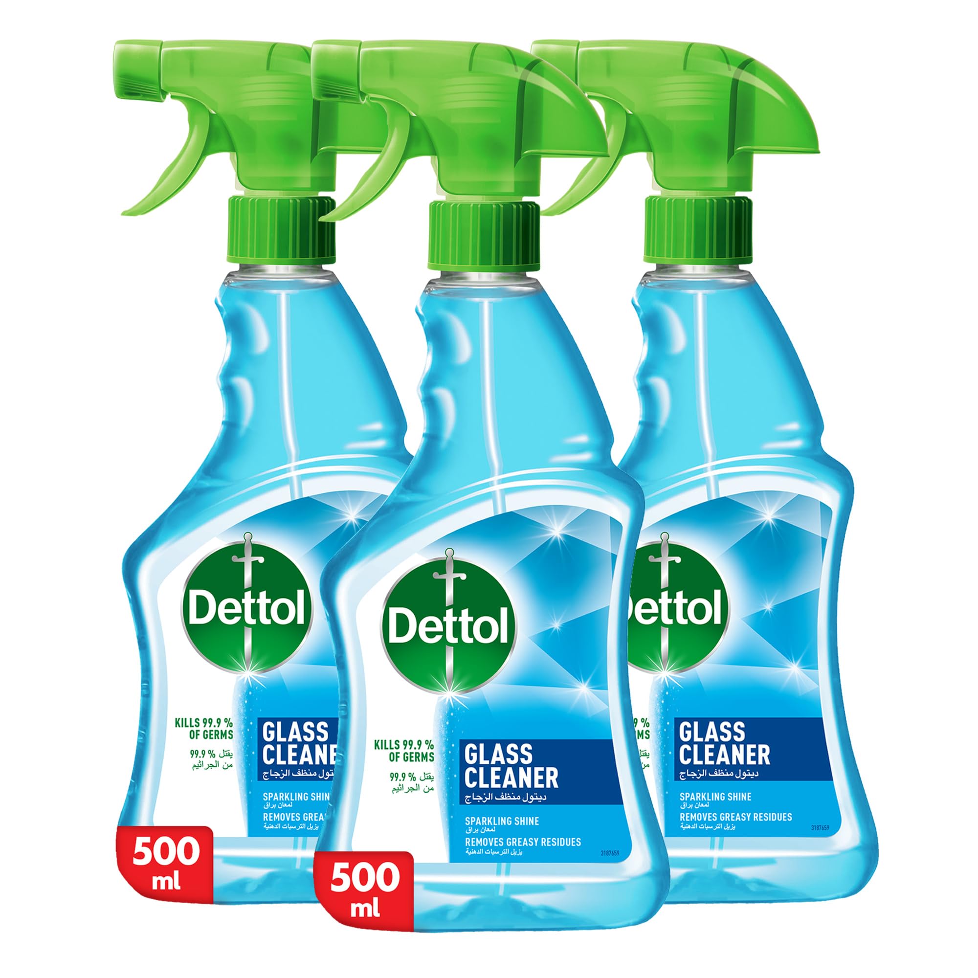 Dettol Sparkling Shine Glass Cleaner, helps remove Greasy Residues, Trigger Spray Bottle, 500ml (Packaging May Vary) (Pack of 3)