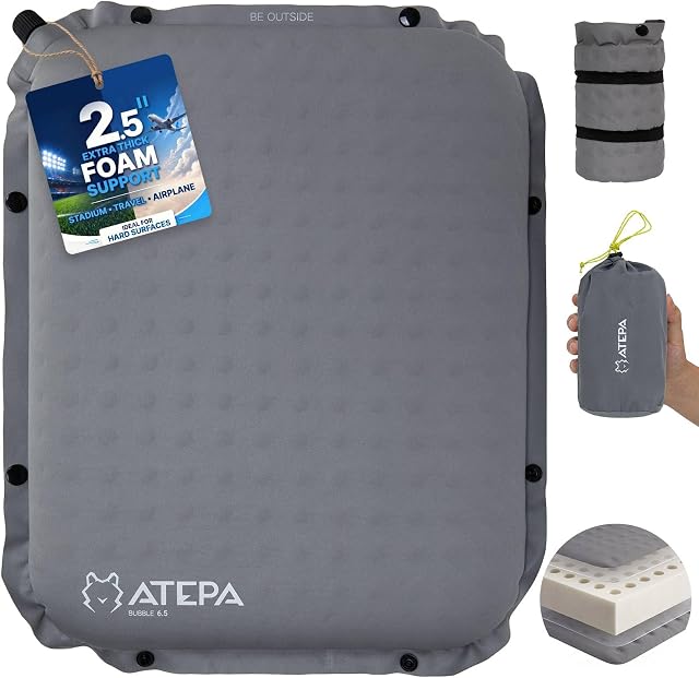 ATEPA Coussin de siège gonflable, mousse autogonflante légère Air Coussin pour Airplane Voyage Stade Escalade Randonnée Backpacking