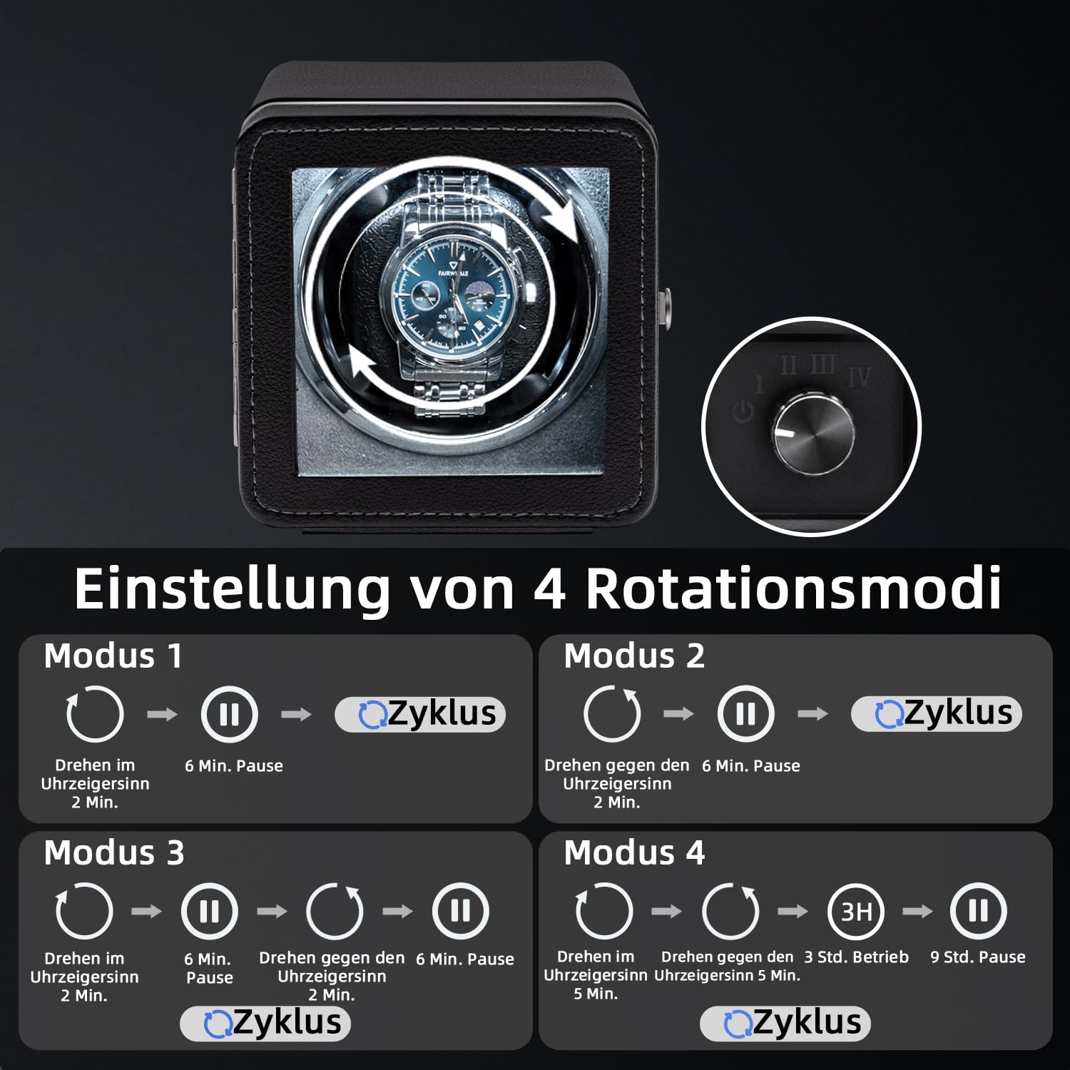Mcbazel Automatischer Uhrenbeweger, Eleganter Automatischer Einzeluhrenbeweger Gehäuse, Leiser Motor, 4 Rotationsmodi, Uhrenbeweger Box Rechteckig, PU-Leder mit LED-Licht – Schwarz