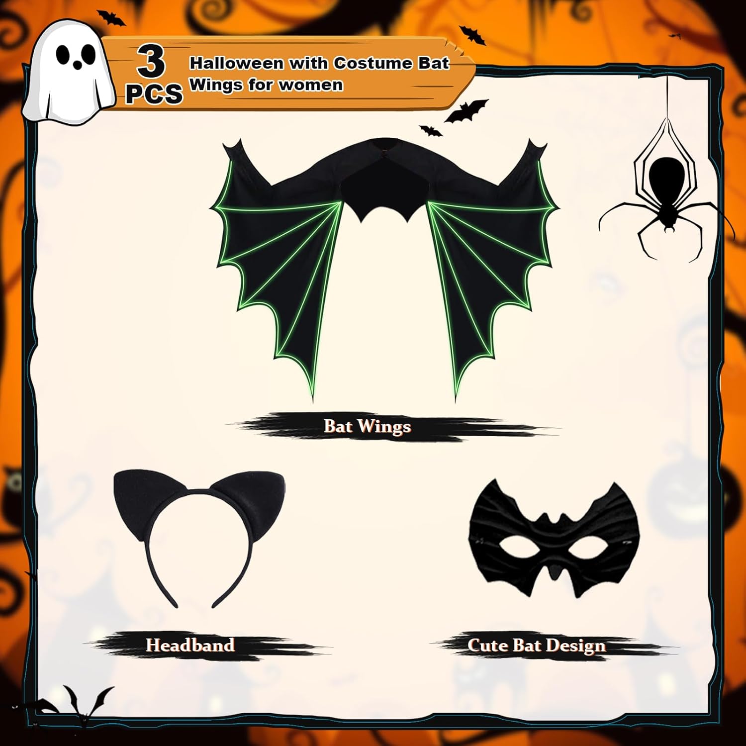 Women’s Bat Wings Costume with Glow in Dark, Adult Halloween Cosplay Costume with Headband & Face Cover for Party - Image 2