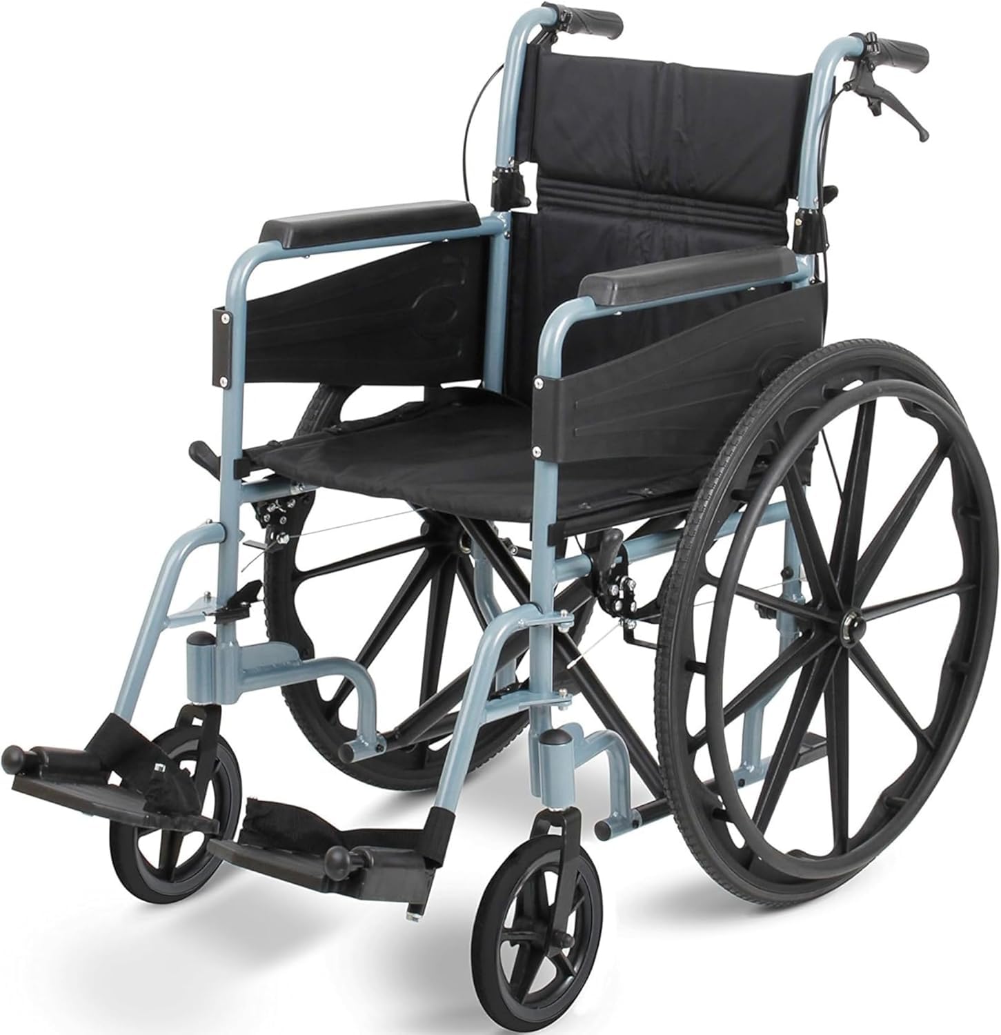 Days Escape Lite Self Propelled Narrow Wheelchair, Silver Blue, Lightweight and Foldable Frame, Aluminium Wheelchair, Portable Transit Travel Chair, Removable Footrests