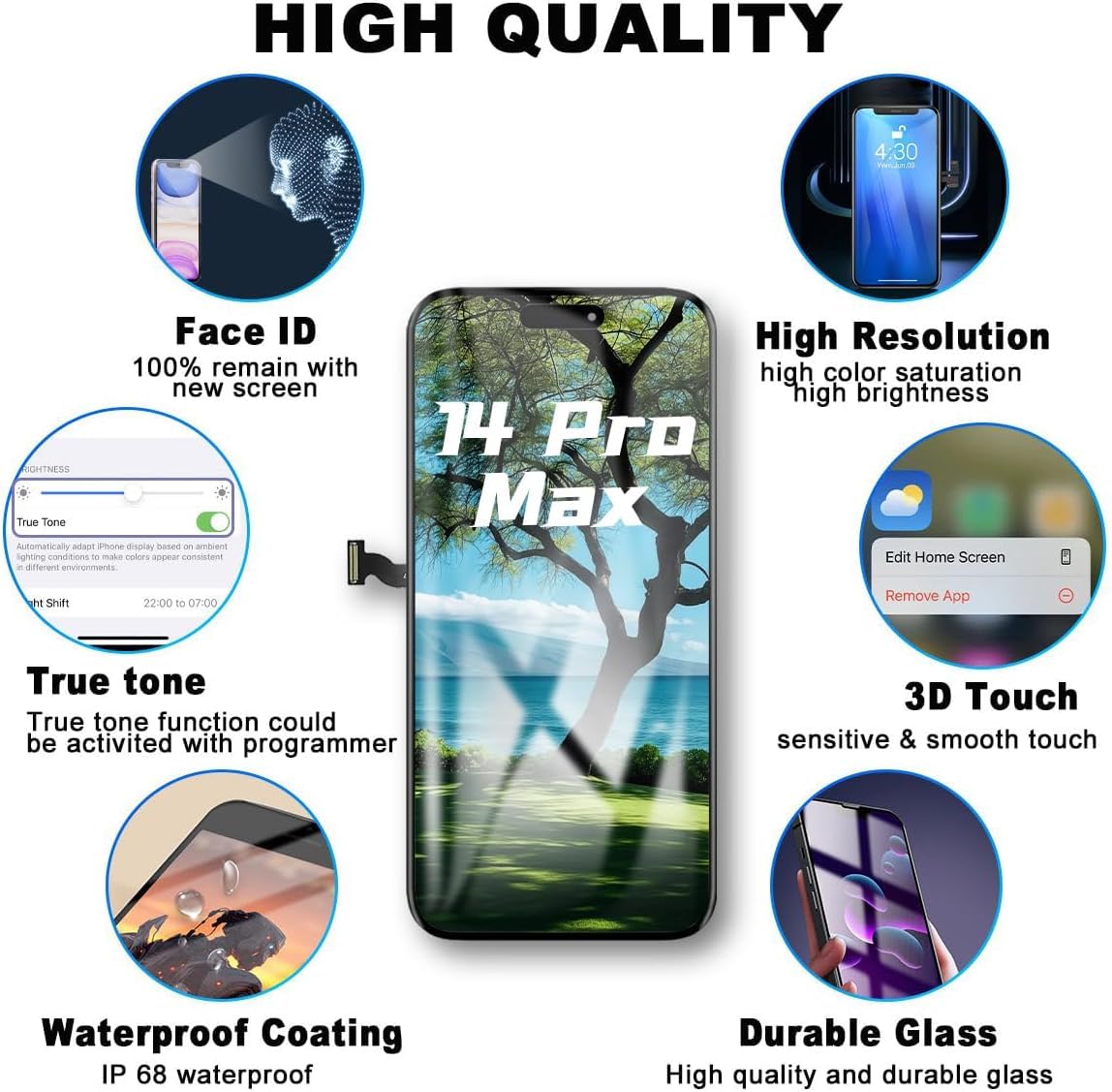 Dinow Écran pour iPhone 14 ProMax LCD 6,7'' FHD Remplacement d'écran 3D Touch Digitizer Assembly et Kit de Réparation et Protecteur D'écran (Complet pour Les Modèles A2894, A2651, A2893, A2896, A2895)