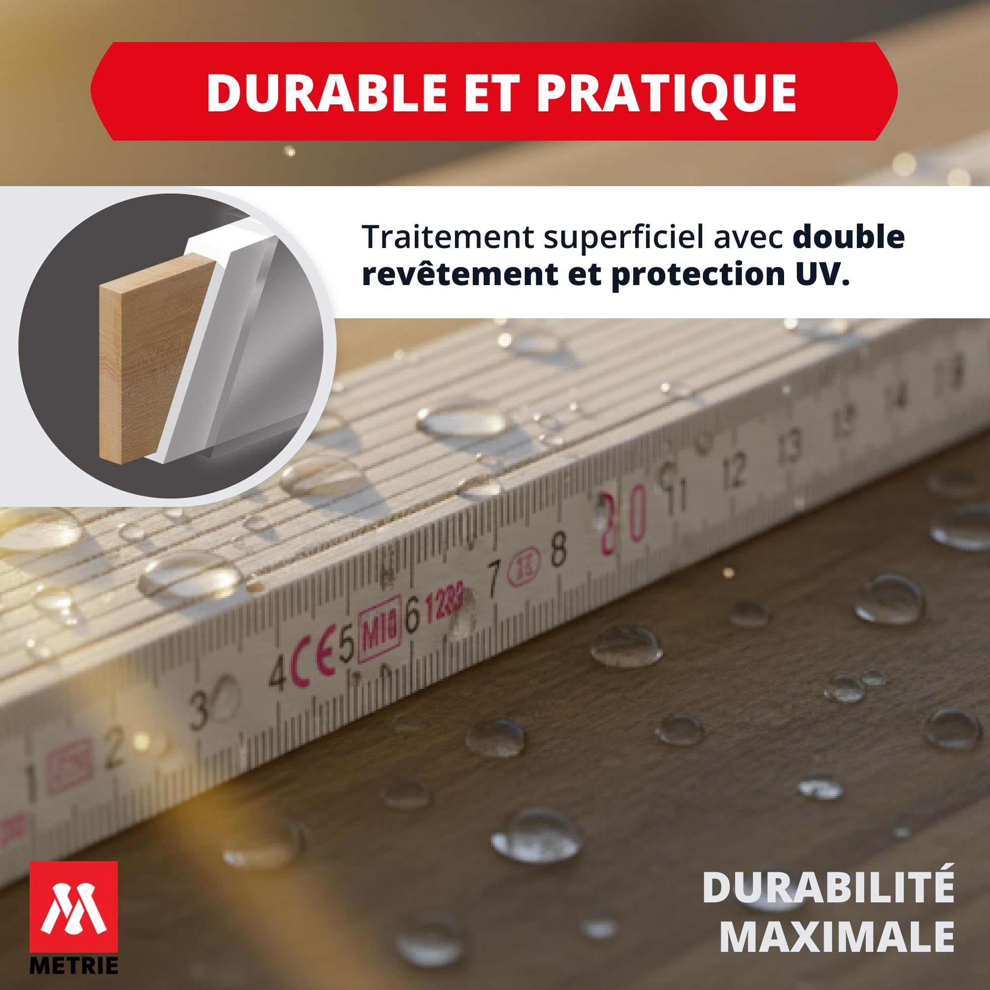 Metrie™ Mètre pliant PROFI 15 – Mètre en bois 3 m | Blanc | Bois laqué, articulations en acier – Échelle duplex, Fabriqué dans l’UE | Robuste et précis | CE Cl. III | 10 pièces