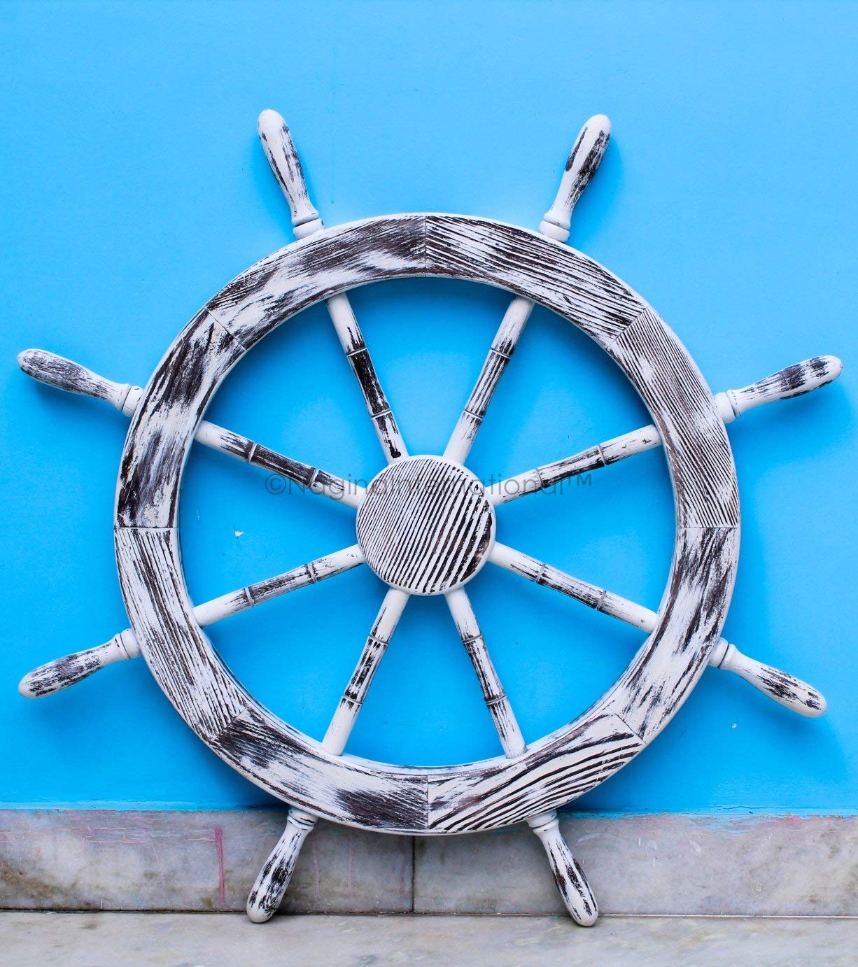 Nagina International 18" Antique White Nautical Decorative Premium Pine Wood Ship Wheel | Captain Maritime Beach Home Decor Gift