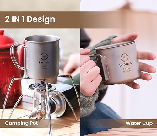Miniatura 4 de S'more Taza de titanio para acampar con mango plegable y tapa, olla de titanio ligera para camping, taza de café, senderismo, mochilero, 11.8 oz11.8