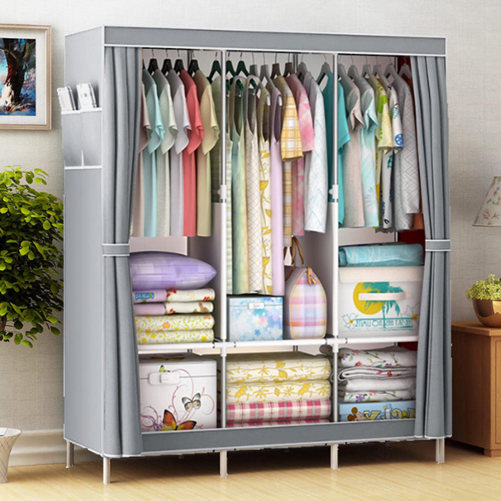 Kleiderschrank Tragbarer Kleiderschrank, Canvas-Kleiderschrank, Kleiderschrank-Aufbewahrungsorganisator mit 3 Kleiderstangen und Seitentaschen, Stoffschränke für Schlafzimmerkleidu