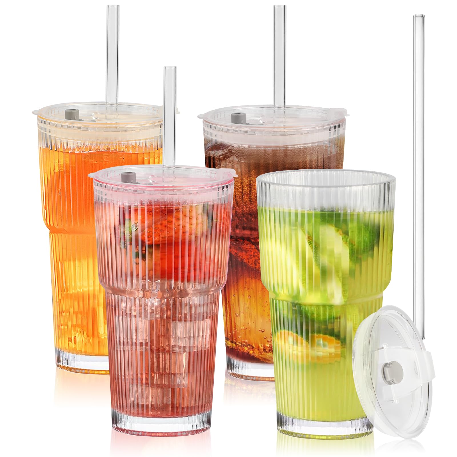 LUXULISH 20oz Ribbed Glass Tumblers Set Of 4 - With Lids & Straws, Thickened Vintage Glasses - View #4