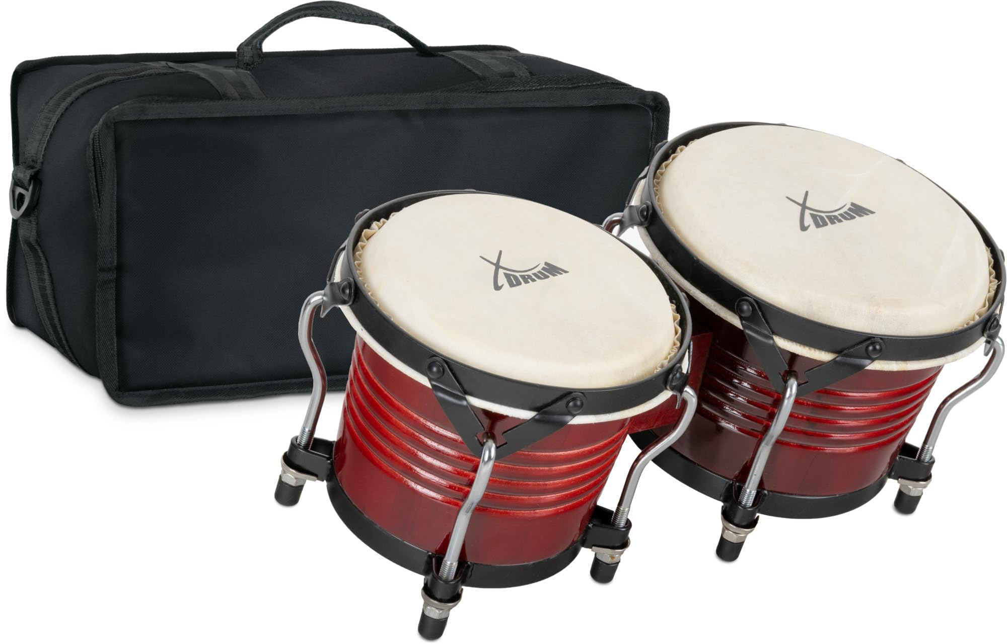 XDrum Bongos Pro Rojo Vino SET incl. Bolsa para Bongos, 5" (17 cm) y 7 | 2 tambores ("macho" y "hembra"), Tamaños de bongos: 6, 5" (17 cm) y 7, 5" (20 cm), Pieles naturales, Madera: abedul, Funda