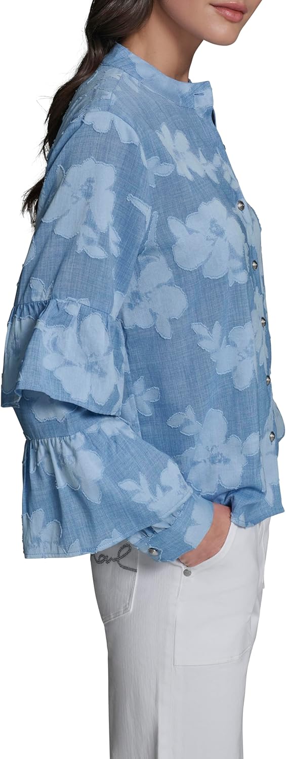 Karl Lagerfeld Women's Long Sleeve V-Neck Floral Denim Blouse