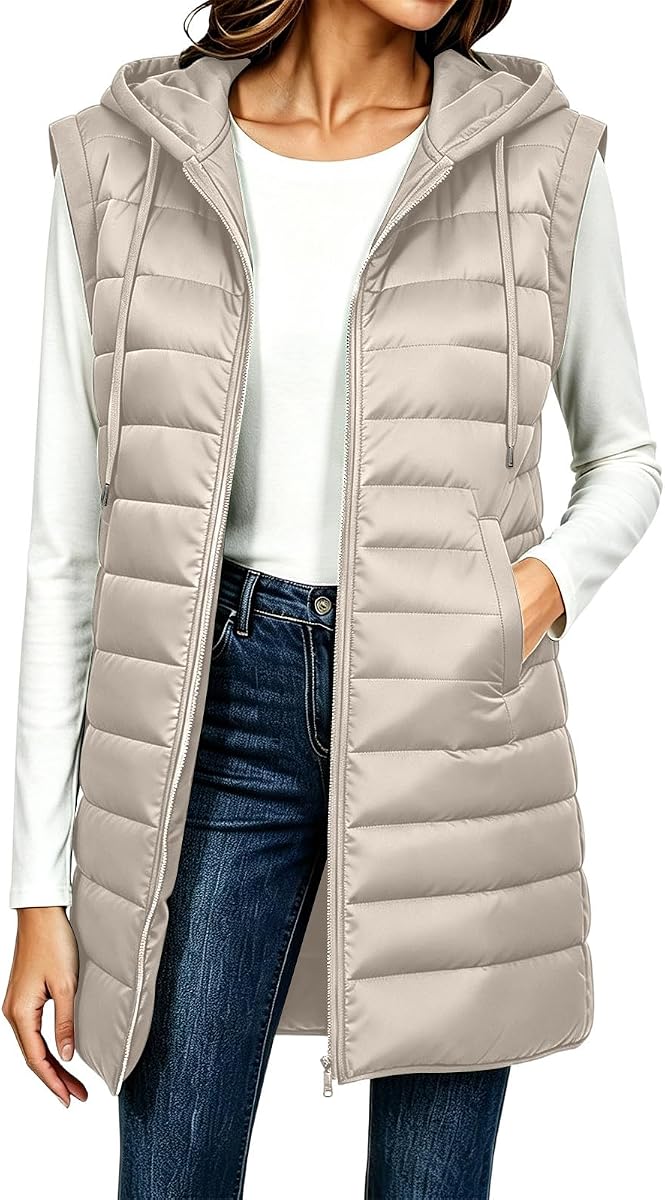 Women Long Puffer Vest Sleeveless Hood Pocket Winter Outerwear