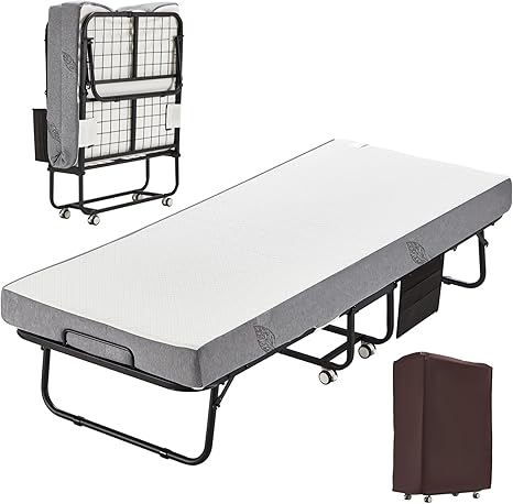 MELLCOM Folding Bed with Mattress,75" x 31" Foldable Rollaway Bed with Mattress for Adults, 5 Inch Memory Foam Mattress,Single Cot Size Portable Bed with Metal Frame&Bed Side Pocket