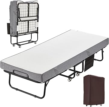 MELLCOM Folding Bed with Mattress,75" x 31" Foldable Rollaway Bed with Mattress for Adults, 5 Inch Memory Foam Mattress,Single Cot Size Portable Bed with Metal Frame&Bed Side Pocket