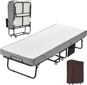 MELLCOM Folding Bed with Mattress,75" x 31" Foldable Rollaway Bed with Mattress for Adults, 5 Inch Memory Foam Mattress,Single Cot Size Portable Bed with Metal Frame&Bed Side Pocket
