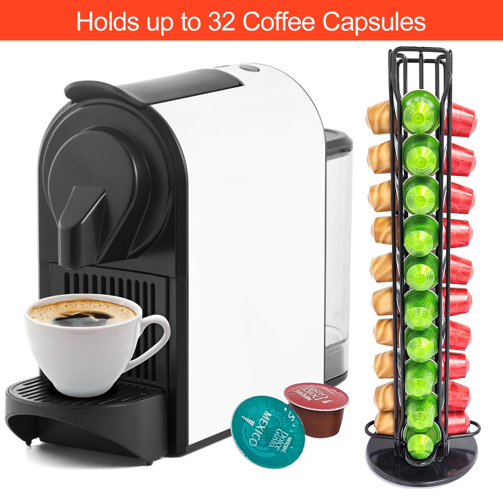 Lectorias Porta Capsulas para Nespresso, Soporte para Contener 40 Piezas Café Capsulas, 360 Grados Giratorio Dispensador Capsulas, Negro Organizador Cápsulas con Base Antideslizante, Hecho de Metal
