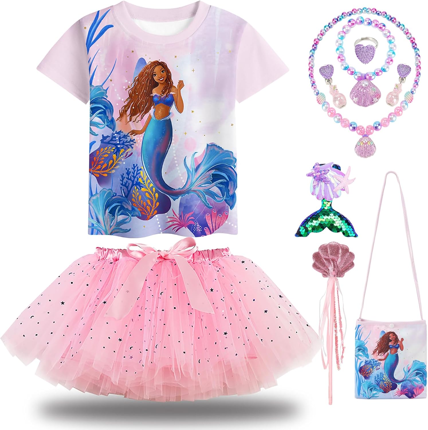 QUJQOM Disfraz de sirena de cumpleaños para niñas, vestido de sirena con bolsa, varita, horquilla, collar, aretes, pulsera, anillo