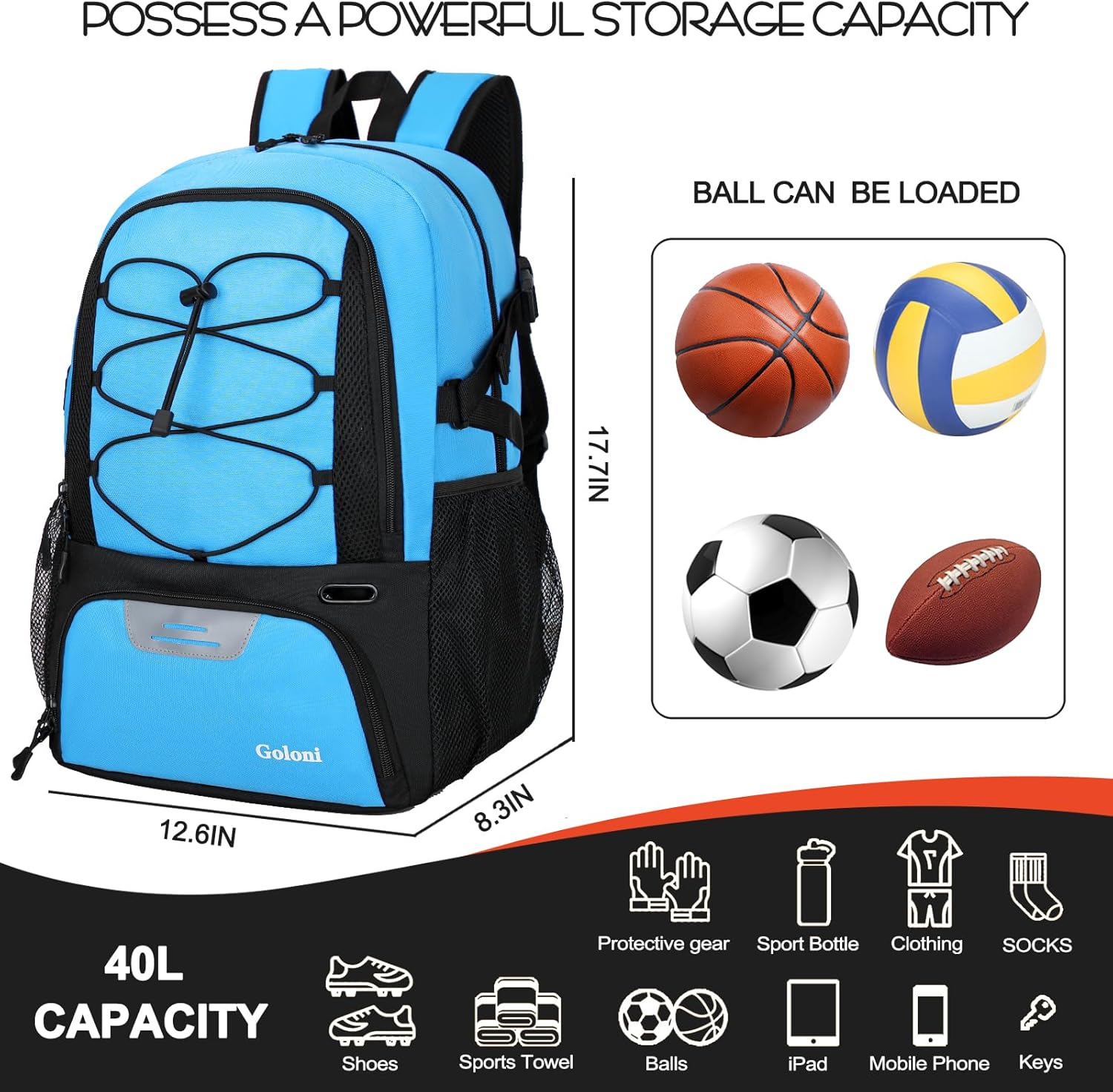 Goloni Basketball Backpack,Large Sports Bag with Ball Compartment & Shoe Compartment,Basketball Bag Fit Volleyball, soccer,Gym - Image 5