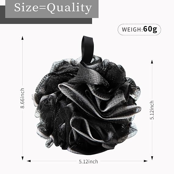 BCKENEY Bath Loofah Shower Sponge Body Back Scrubber Soft Mesh Shower Puffs Exfoliating Loofa for Women & Men Bath Accessories Cleaning Tool (4Pack 60G Black, Charcoal Black)