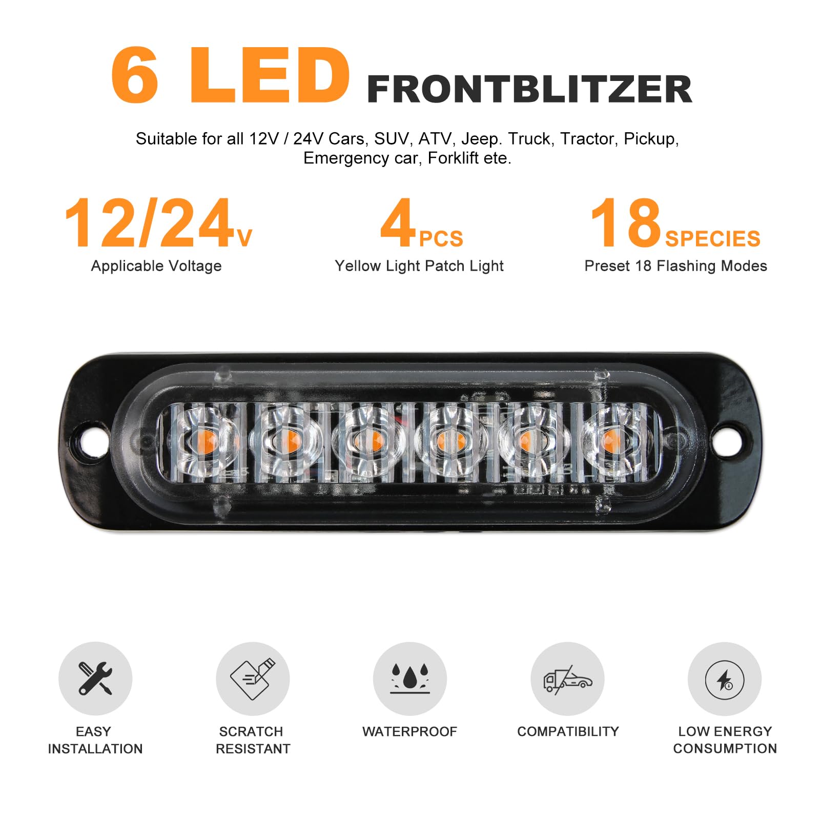 DREAMIZER 12V/24V Luci di avvertimento d'emergenza, 4 Pezzi 6 LEDs Luci stroboscopiche per auto, Lampeggiante per auto con 18 modalità lampeggianti, per Rimorchi Camion ATV UTV Pickup Truck Vehicles