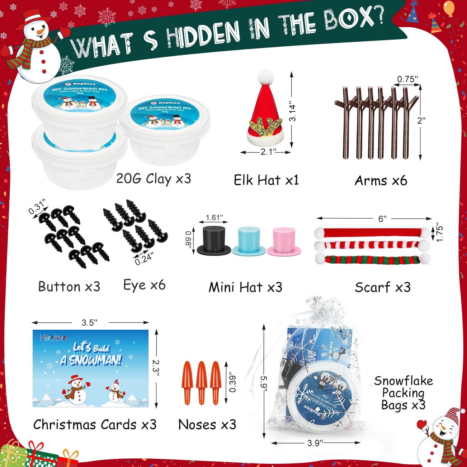 Hophine Schneemann-Set zum Selbermachen – Schneemann-Set mit Schneemann-Thema-Karte und silberfarbener Schneeflocken-Kordelzugtasche, perfektes Weihnachtsbasteln für Kinder, Urlaubspartys und