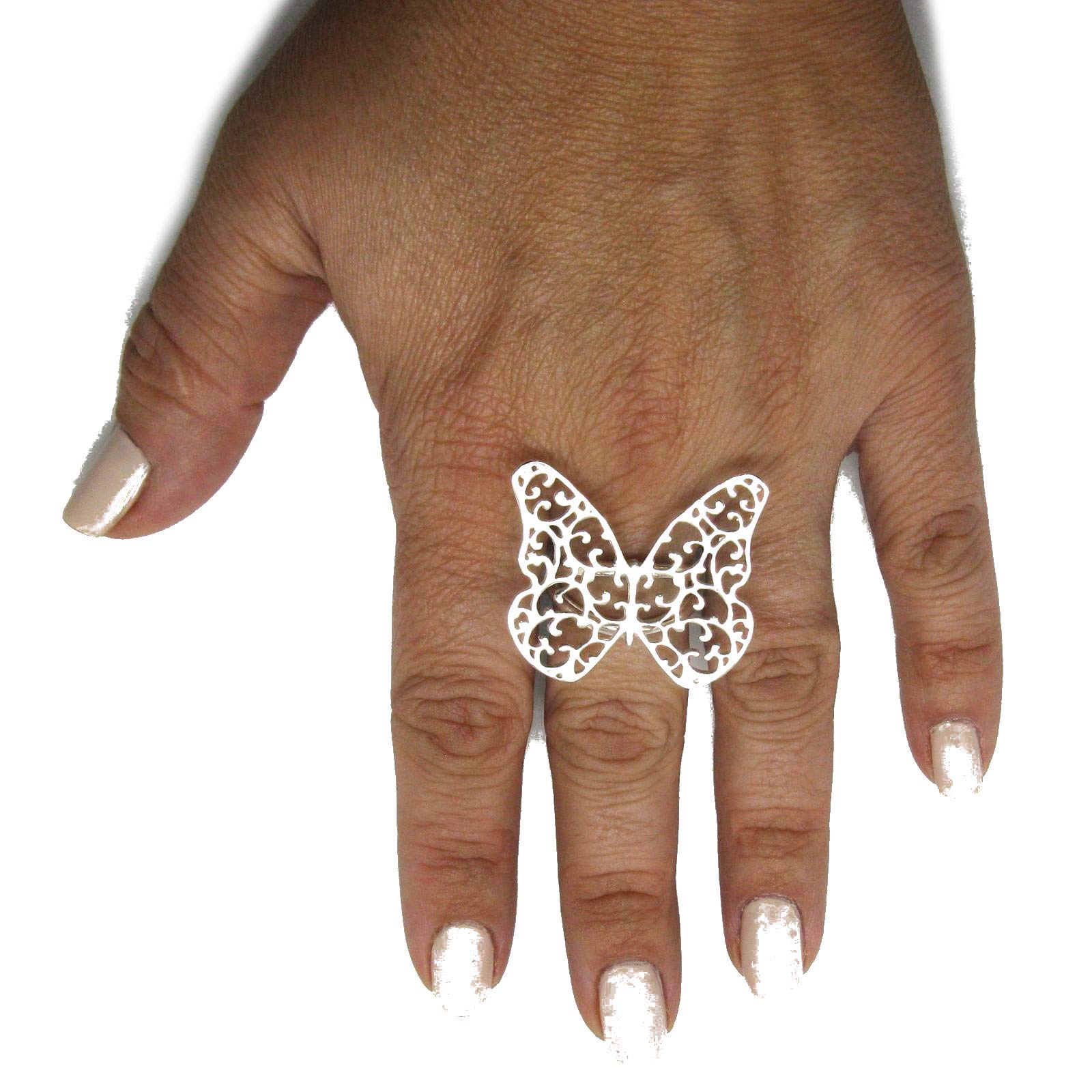 Anillo de plata mariposa de filigrana sólido 925 de tamaño ajustable